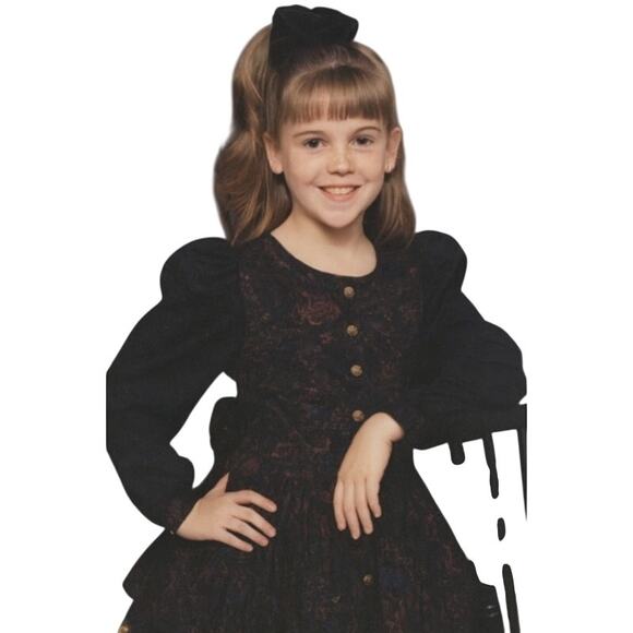 Vintage 90s Girls 12 Floral Party Dress Puff Sleeve Gold Trim Amy Too! Byer CA - Picture 2 of 10